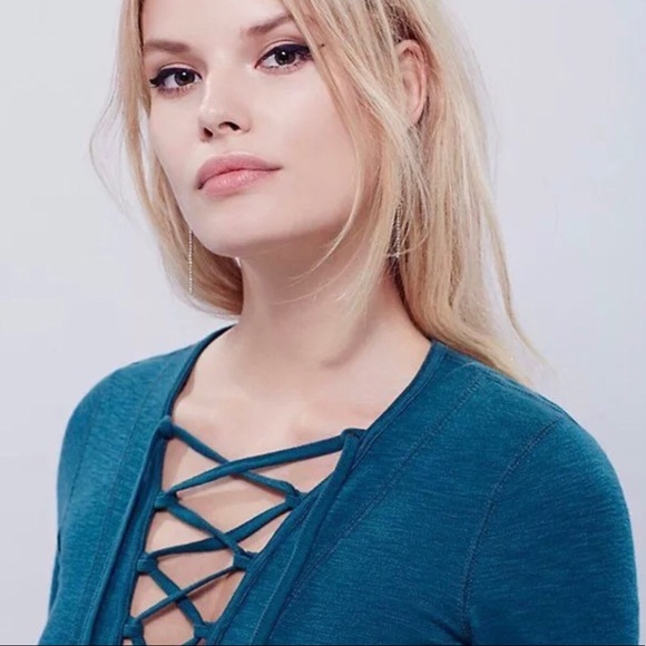 Free People Lucky Lace up Long Sleeve Top Turquois - Picture 3 of 7